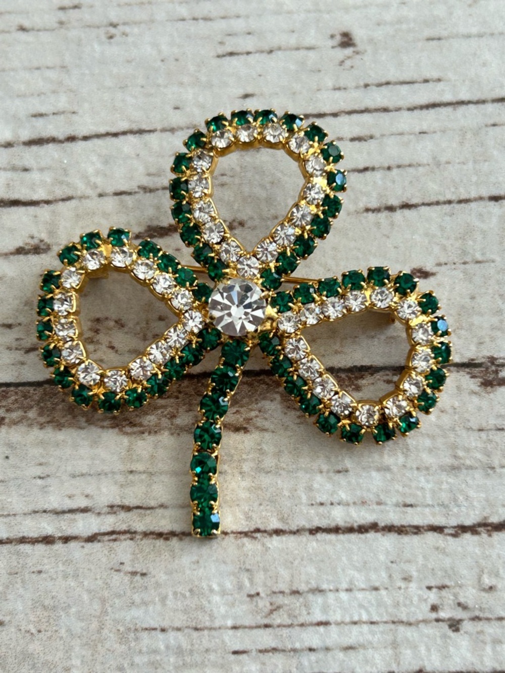 4/$100 Gold-Tone Green & Clear Crystal Clover Brooch